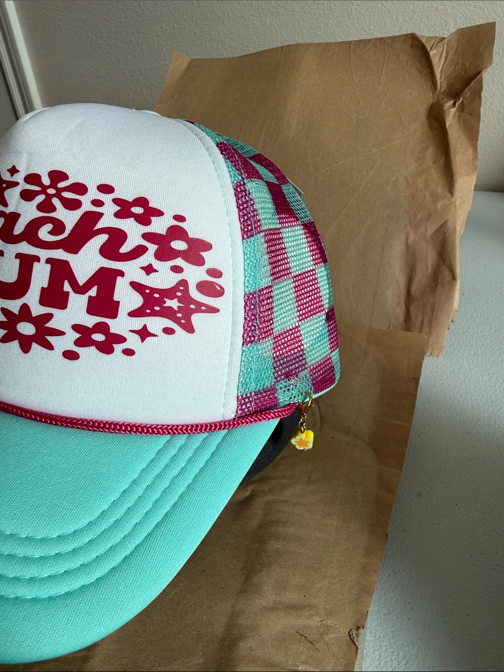 Beach Bum Trucker Hat - White & Aqua with Pink Print - Picture 2 of 4